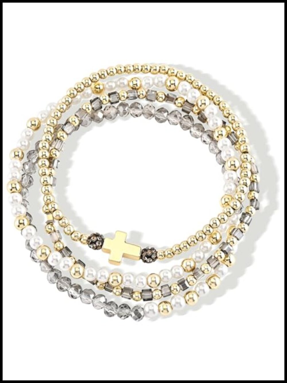 4PCS Gold Plated Cross Beaded Stretch Bracelets Set for Women Crystal Pearl